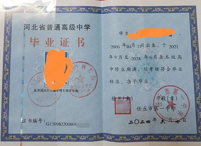 沿滩任丘市第一中学高中毕业证样本图片